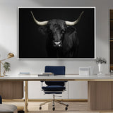 97914921-MGV-CV-36X24-Black Bull Wall Art Canvas Print, Framed Longhorn Bull Art Picture Print, Western Bull Perfect Monochrome Western Decor Artwork