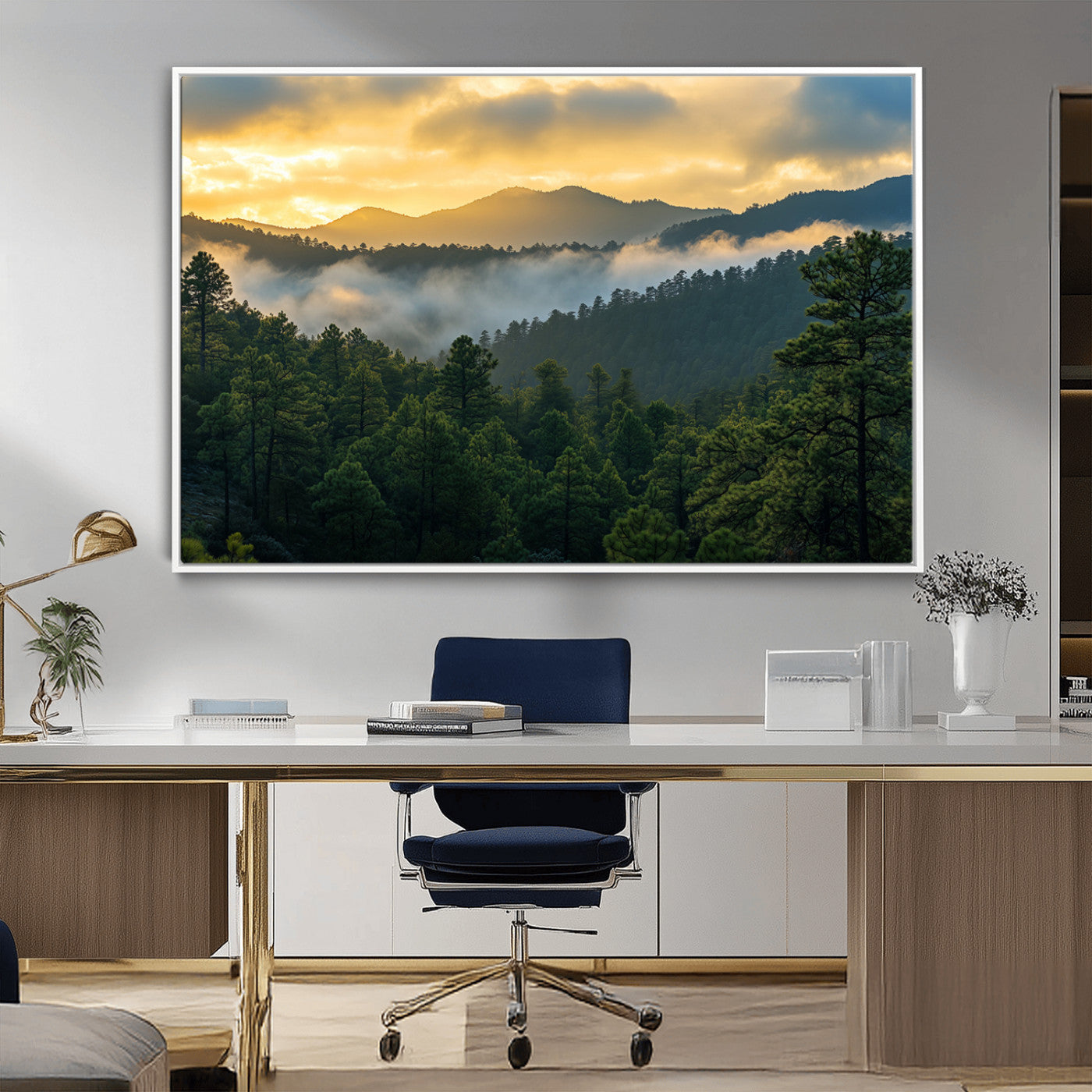 68082278-MGV-CV-36X24-Mountain Sunrise Wall Art Canvas Print, Framed Pine Forest Art Picture Print, Misty Mountains Perfect Earthy Woodland Decor
