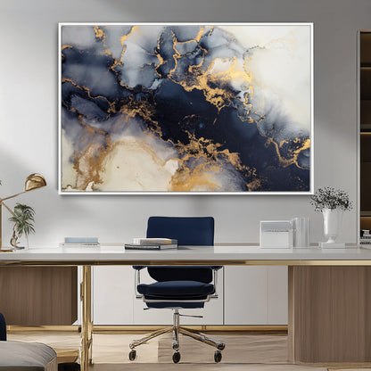 41136487-MGV-CV-36X24-Black Marble Wall Art Canvas Print, Framed Gold Veins Art Picture Print, Abstract Texture Perfect Moody Luxe Decor Artwork