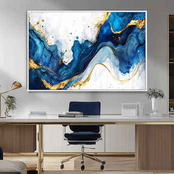 33506371-MGV-CV-36X24-Blue Marble Wall Art Canvas Print, Framed Gold Splash Art Picture Print, Abstract Wave Perfect Modern Luxe Decor Artwork