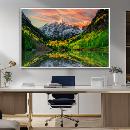 59533484-MGV-CV-36X24-Maroon Bells Autumn Wall Art – Panoramic Mountain Landscape Canvas Print, Sunset Reflection Nature Artwork for Living Room, Office