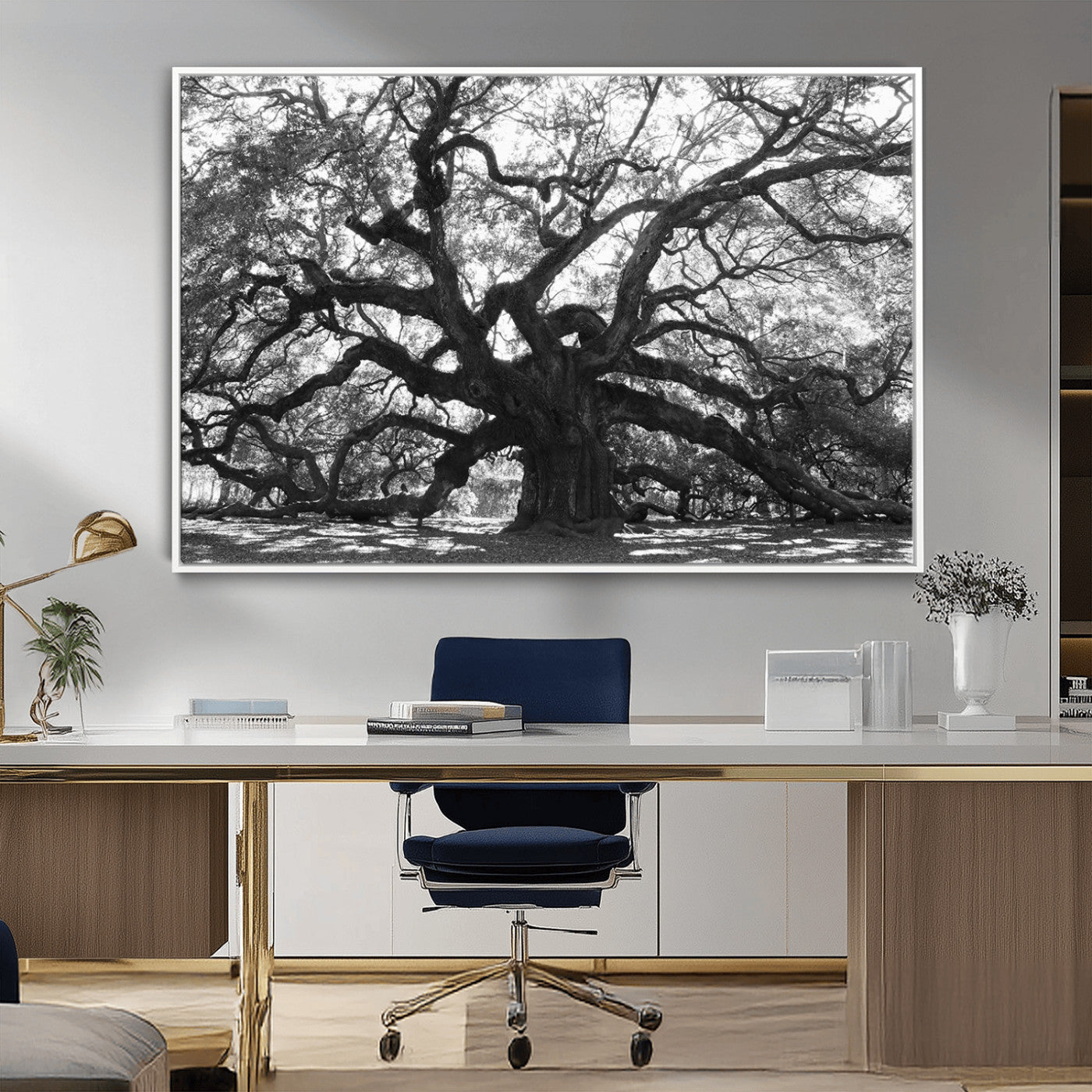 81655611-MGV-CV-36X24-Ancient Oak Wall Art Canvas Print, Framed Twisted Branches Art Picture Print, Gnarled Tree Perfect Moody Nature Decor Artwork