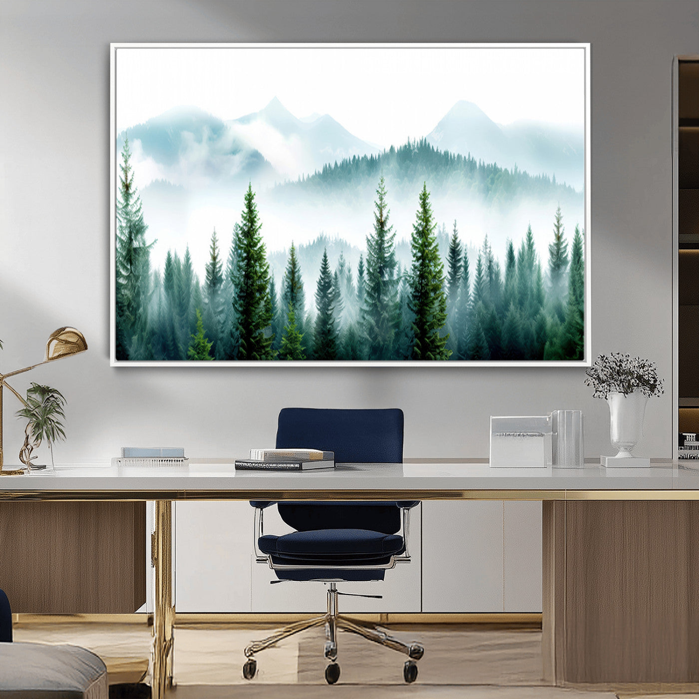 16716676-MGV-FC-36X24_White-Pine Forest Wall Art Canvas Print, Framed Misty Mountains Art Picture Print, Foggy Trees Perfect Moody Forest Decor Artwork