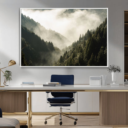 57570237-MGV-CV-36X24-Misty Valley Wall Art Canvas Print, Framed Foggy Forest Art Picture Print, Pine Trees Perfect Moody Woodland Decor Artwork