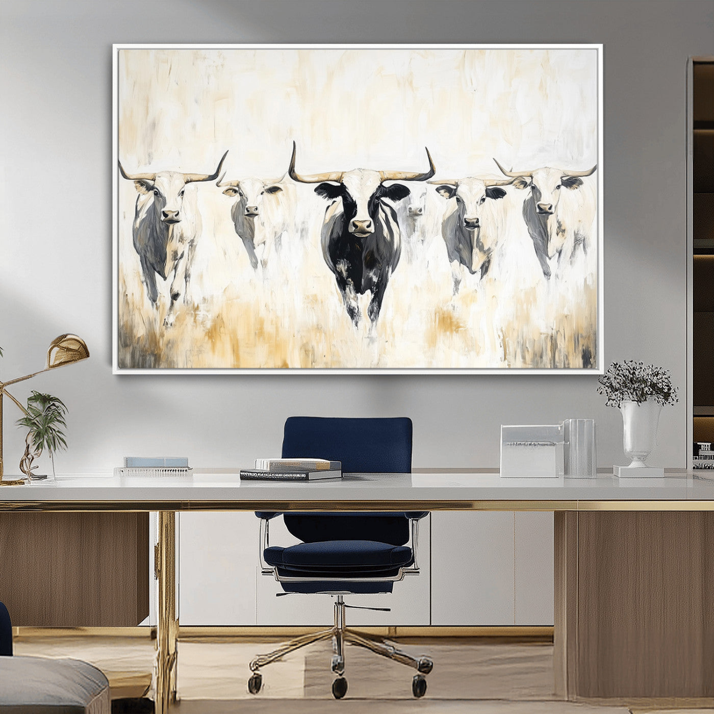 40397799-MGV-CV-36X24-Texas Longhorn Wall Art Canvas Print, Framed Rustic Herd Art Picture Print, Western Bull Perfect Neutral Western Decor Artwork
