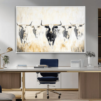 40397799-MGV-CV-36X24-Texas Longhorn Wall Art Canvas Print, Framed Rustic Herd Art Picture Print, Western Bull Perfect Neutral Western Decor Artwork