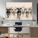 61538944-MGV-CV-36X24-Texas Longhorn Wall Art Canvas Print, Framed Cattles Walking Art Picture Print, Black White Bulls Perfect Rustic Western Decor