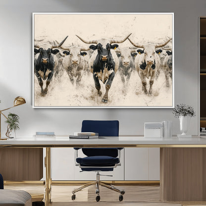 61538944-MGV-CV-36X24-Texas Longhorn Wall Art Canvas Print, Framed Cattles Walking Art Picture Print, Black White Bulls Perfect Rustic Western Decor