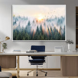 92718976-MGV-CV-36X24-Misty Forest Wall Art Canvas Print, Framed Sunrise Pines Art Picture Print, Foggy Woodland Perfect Moody Woodland Decor Artwork