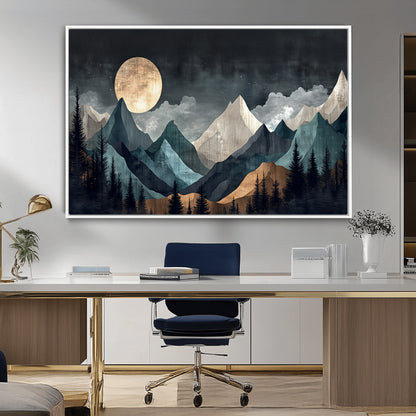 11060882-MGV-FC-36X24_White-Moonlit Mountains Wall Art Canvas Print, Framed Forest Silhouette Art Picture Print, Night Landscape Perfect Modern Forest Decor