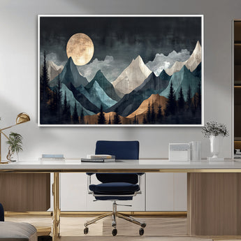 11060882-MGV-FC-36X24_White-Moonlit Mountains Wall Art Canvas Print, Framed Forest Silhouette Art Picture Print, Night Landscape Perfect Modern Forest Decor