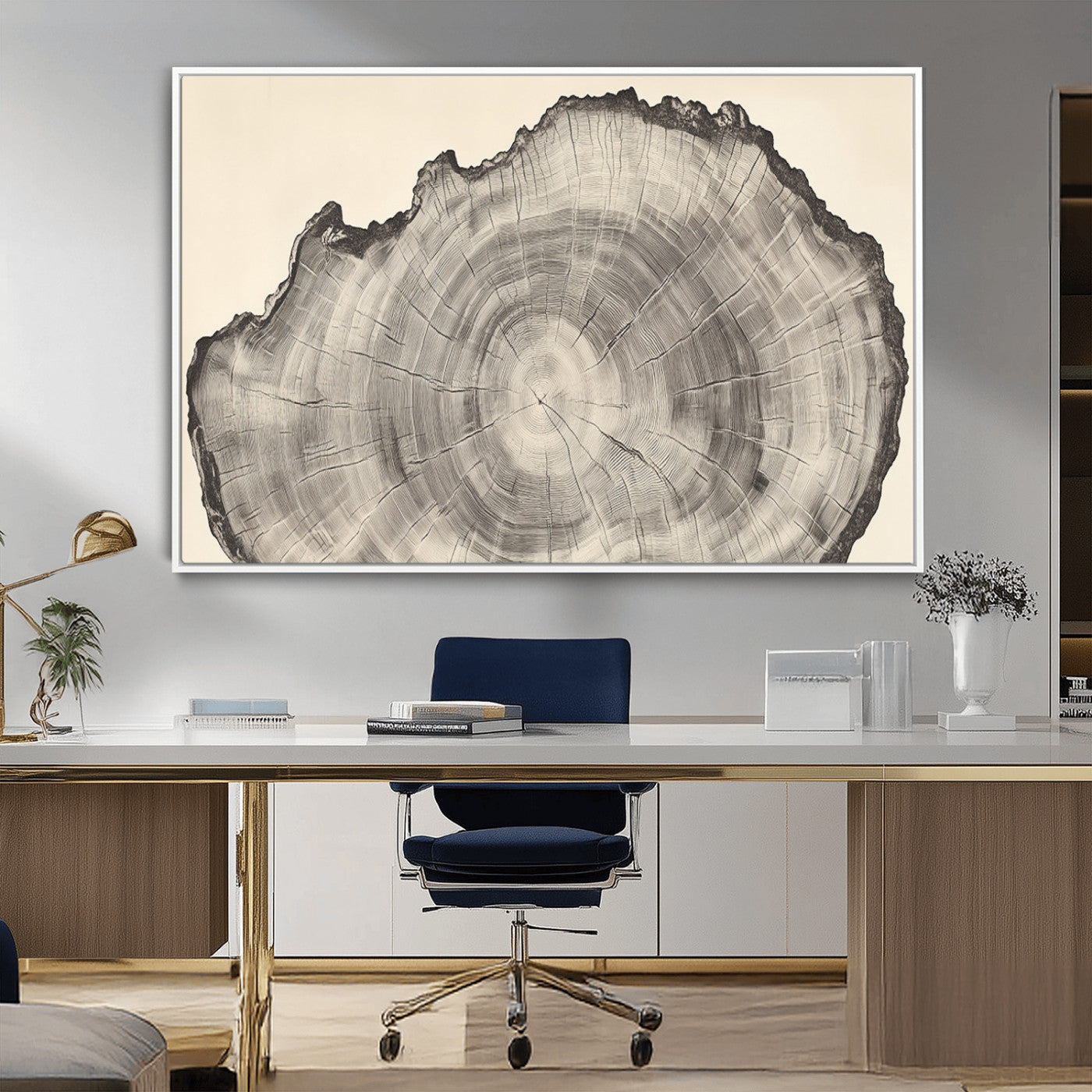 98921313-MGV-FC-36X24_White-Tree Ring Wall Art Canvas Print, Framed Wood Slice Art Picture Print, Minimalist Wood Perfect Rustic Academic Decor Artwork