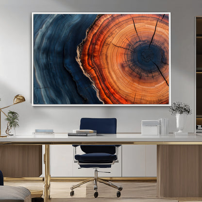 57732250-MGV-CV-36X24-Tree Ring Abstract Wall Art – Blue Orange Wood Grain Canvas Print, Modern Rustic Nature Artwork for Living Room, Office,