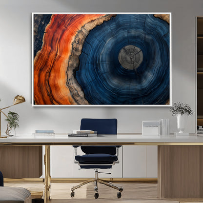 99491700-MGV-CV-36X24-Tree Ring Canvas Wall Art – Blue Orange Abstract Wood Grain Print, Rustic Modern Nature Artwork for Living Room, Office, Bedroom