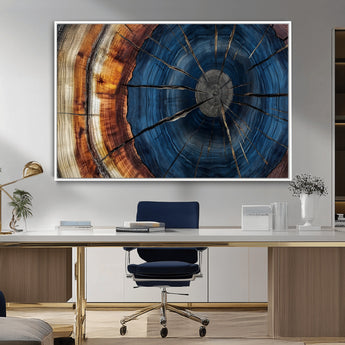 60099360-MGV-CV-36X24-Blue Tree Ring Wall Art – Rustic Wood Grain Canvas Print, Modern Abstract Artwork with Natural Texture for Living Room, Bedroom,