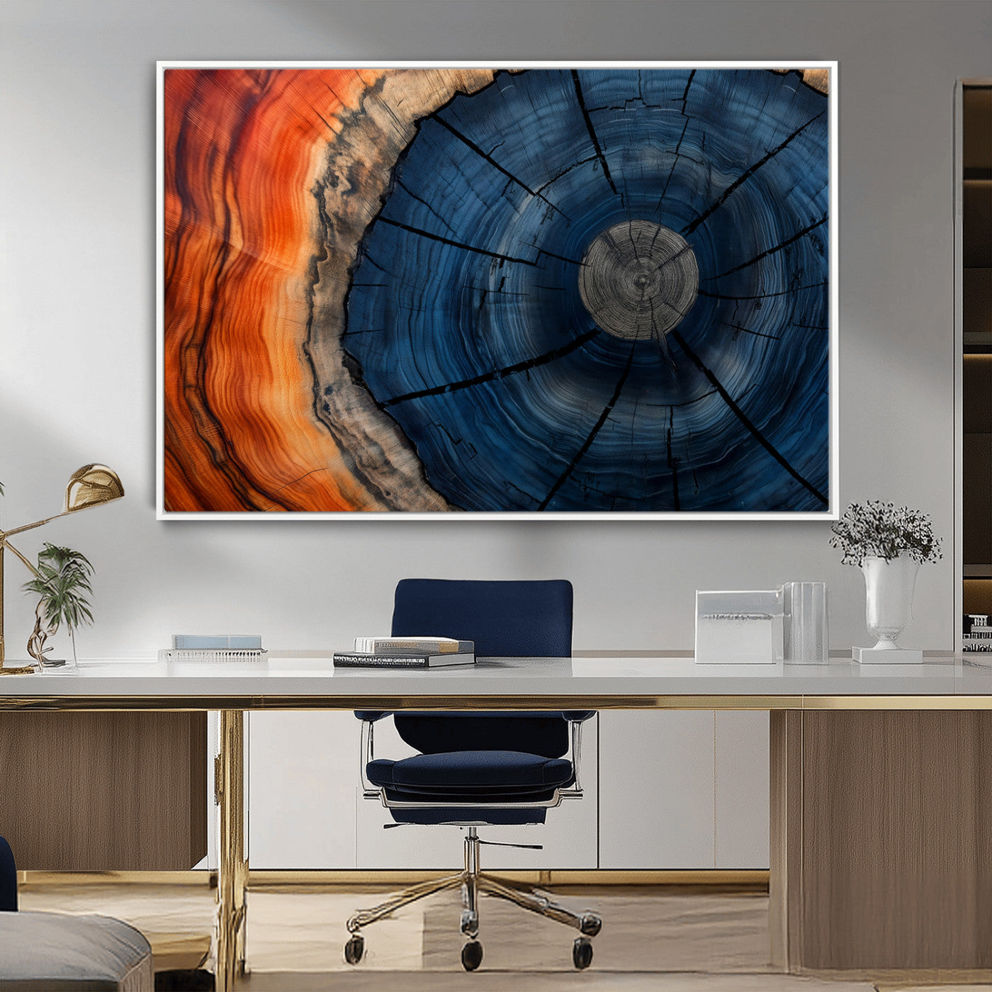26110607-MGV-CV-36X24-Blue and Orange Tree Ring Wall Art – Abstract Wood Cross Section Canvas Print, Modern Rustic Nature Decor for Living Room, Office,