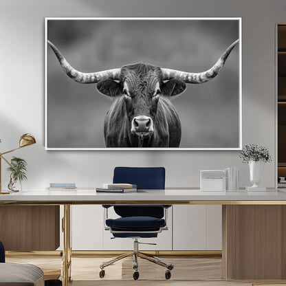 81228550-MGV-CV-36X24-Framed Texas Longhorn Bull Art Canvas Print, Western Bull Wall Art Print, Long Horn Bull Photo Print for Log Cabin, Large Bull