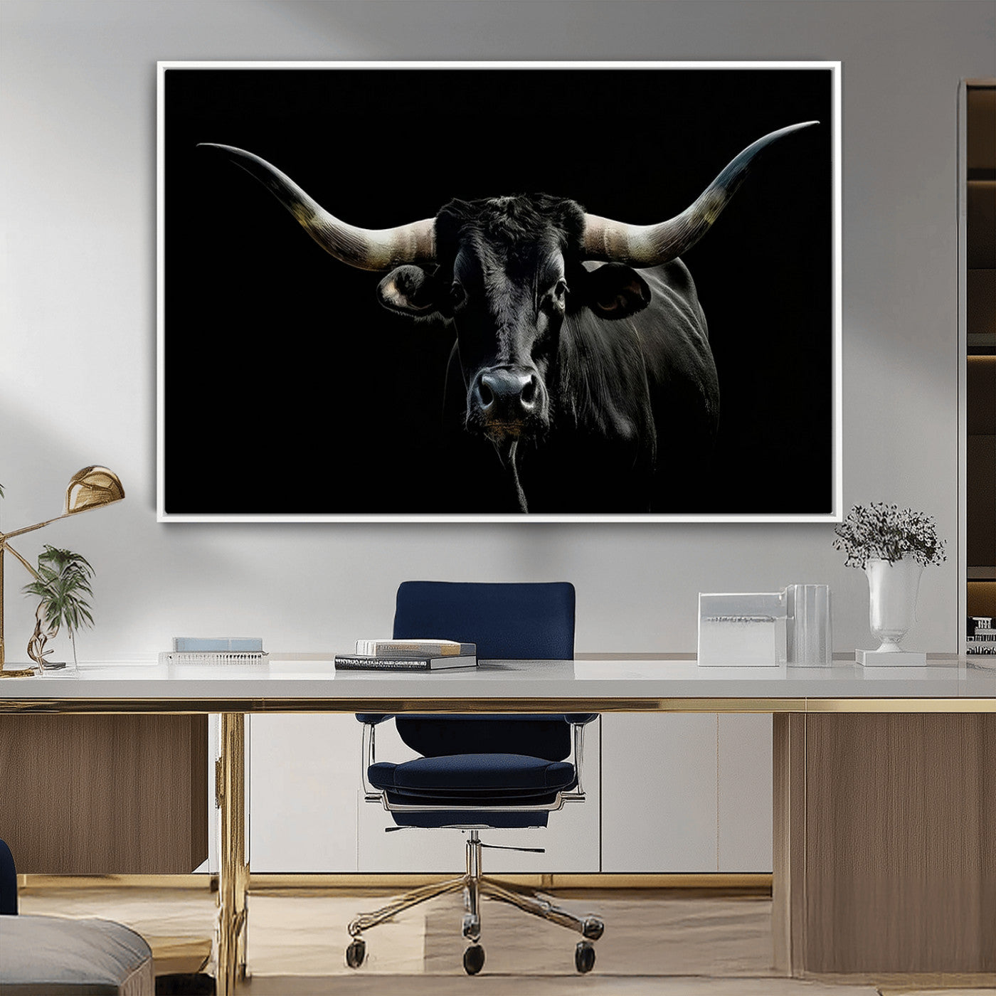 37531960-MGV-FC-36X24_White-Black Longhorn Bull Wall Art – Dramatic Western Cattle Canvas Print, Rustic Farmhouse Animal Artwork for Living Room, Bedroom,