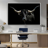 37531960-MGV-FC-36X24_White-Black Longhorn Bull Wall Art – Dramatic Western Cattle Canvas Print, Rustic Farmhouse Animal Artwork for Living Room, Bedroom,