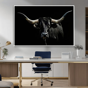 37531960-MGV-FC-36X24_White-Black Longhorn Bull Wall Art – Dramatic Western Cattle Canvas Print, Rustic Farmhouse Animal Artwork for Living Room, Bedroom,