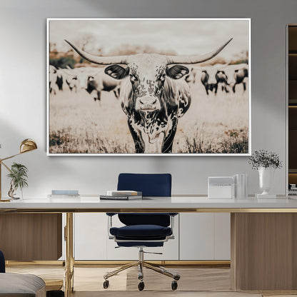 27497342-MGV-CV-36X24-Texas Longhorn Wall Art Canvas Print, Framed Speckled Cow Art Picture Print, Horned Cattle Perfect Rustic Western Decor Artwork