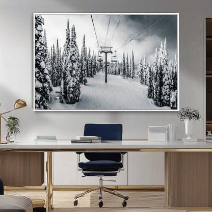 31156828-MGV-CV-36X24-Snowy Pines Wall Art Canvas Print, Framed Ski Lift Art Picture Print, Winter Forest Perfect Moody Lodge Decor Artwork