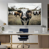 79025945-MGV-CV-36X24-Texas Longhorn Wall Art Canvas Print, Framed Speckled Cow Art Picture Print, Horned Cattle Perfect Rustic Western Decor Artwork