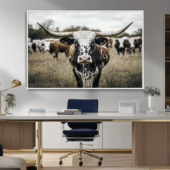 79025945-MGV-CV-36X24-Texas Longhorn Wall Art Canvas Print, Framed Speckled Cow Art Picture Print, Horned Cattle Perfect Rustic Western Decor Artwork
