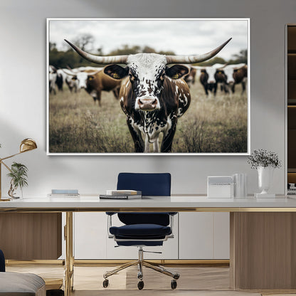 79025945-MGV-CV-36X24-Texas Longhorn Wall Art Canvas Print, Framed Speckled Cow Art Picture Print, Horned Cattle Perfect Rustic Western Decor Artwork