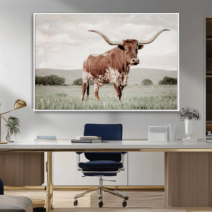 28309012-MGV-CV-36X24-Texas Longhorn Wall Art Canvas Print, Framed Spotted Cattle Art Picture Print, Horned Bull Perfect Rustic Western Decor Artwork