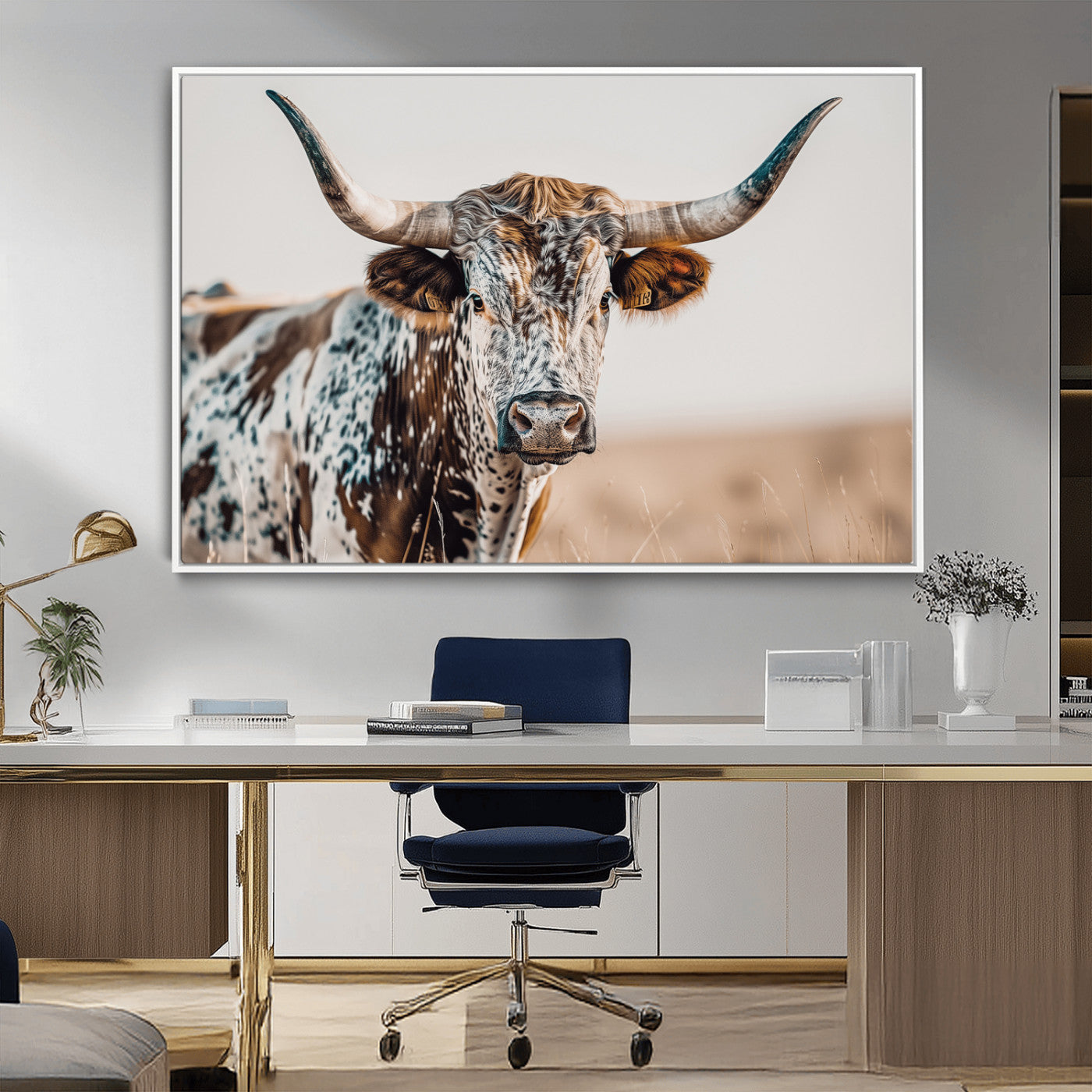 70414966-MGV-CV-36X24-Texas Longhorn Wall Art Canvas Print, Framed Speckled Cow Art Picture Print, Horned Bull Perfect Rustic Western Decor Artwork