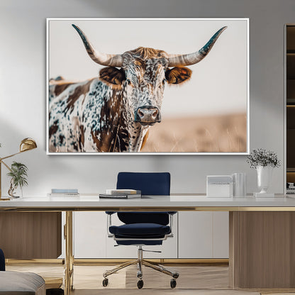 70414966-MGV-CV-36X24-Texas Longhorn Wall Art Canvas Print, Framed Speckled Cow Art Picture Print, Horned Bull Perfect Rustic Western Decor Artwork