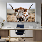 76294381-MGV-CV-36X24-Texas Longhorn Wall Art Canvas Print, Framed Spotted Cow Art Picture Print, Horned Cattle Perfect Rustic Western Decor Artwork