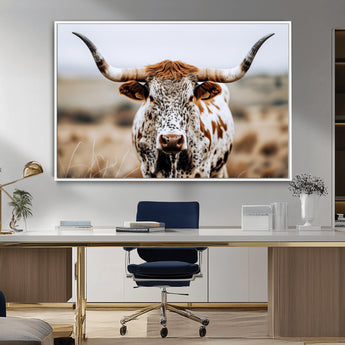 76294381-MGV-CV-36X24-Texas Longhorn Wall Art Canvas Print, Framed Spotted Cow Art Picture Print, Horned Cattle Perfect Rustic Western Decor Artwork
