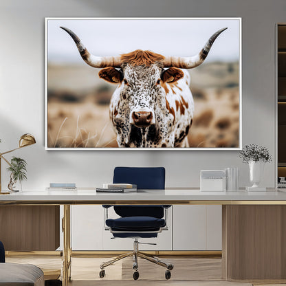 76294381-MGV-CV-36X24-Texas Longhorn Wall Art Canvas Print, Framed Spotted Cow Art Picture Print, Horned Cattle Perfect Rustic Western Decor Artwork