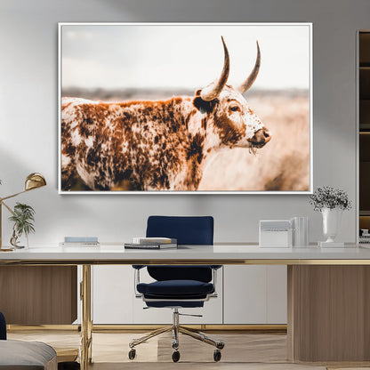 11528295-MGV-CV-36X24-Speckled Longhorn Wall Art Canvas Print, Framed Texas Cattle Art Picture Print, Horned Cow Perfect Rustic Western Decor Artwork