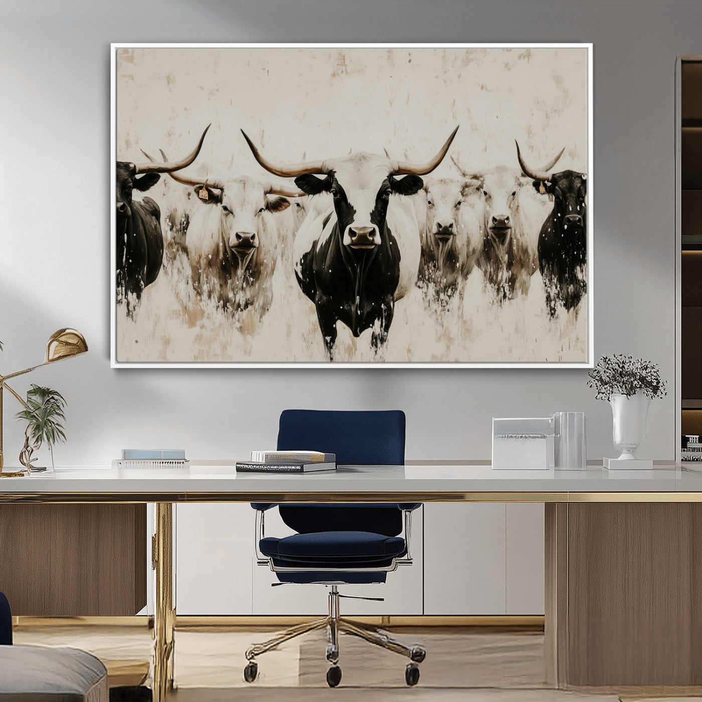 12027562-MGV-CV-36X24-Longhorn Cattle Wall Art Canvas Print, Framed Bison Herd Art Picture Print, Cattle Group Perfect Rustic Farmhouse Decor Artwork