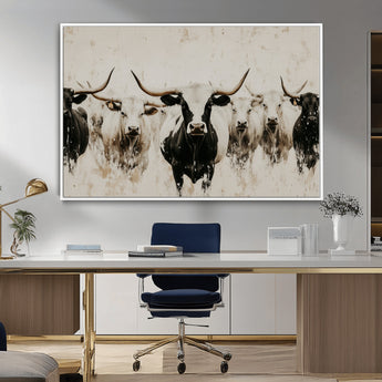 12027562-MGV-CV-36X24-Longhorn Cattle Wall Art Canvas Print, Framed Bison Herd Art Picture Print, Cattle Group Perfect Rustic Farmhouse Decor Artwork