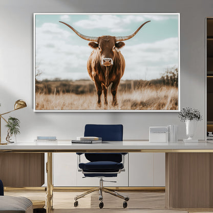 39350715-MGV-CV-36X24-Texas Longhorn Wall Art Canvas Print, Framed Longhorn Cow Art Picture Print, Western Cattle Perfect Rustic Western Decor Artwork