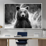 MGV-FC-36X24 - Grizzly Bear Wall Art Canvas Print, Framed Black White Bear Art Picture Print, Wild Bear Perfect Rustic Wildlife Decor Artwork