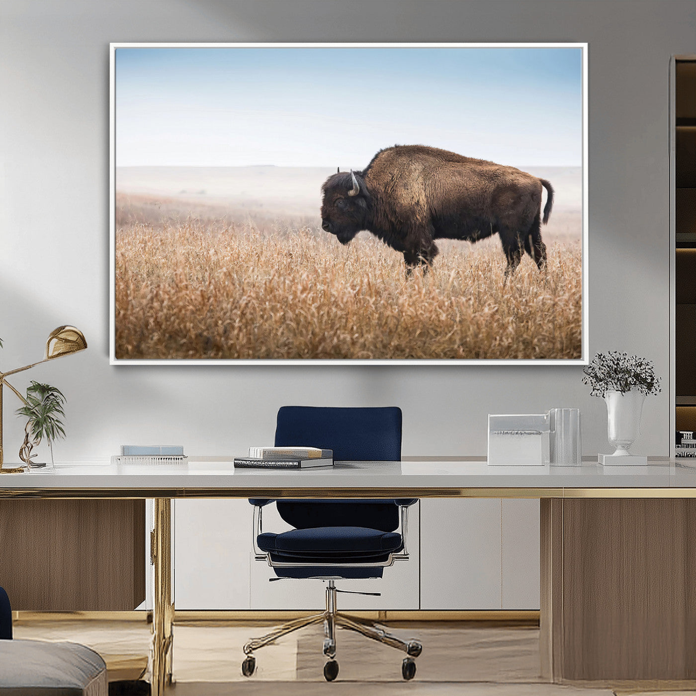 91267849-MGV-CV-36X24-Wild Bison Wall Art Canvas Print, Framed Bison in Prairie Art Picture Print, Rustic Western Perfect Rustic Western Decor Artwork