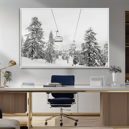 55003599-MGV-CV-36X24-Snowy Ski Lift Wall Art Canvas Print, Framed Winter Forest Art Picture Print, Ski lift Ride Perfect Winter Lodge Decor Artwork