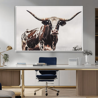 95249234-MGV-CV-36X24-Texas Longhorn Wall Art Canvas Print, Framed Spotted Bull Art Picture Print, Horned Cattle Perfect Rustic Farmhouse Decor Artwork