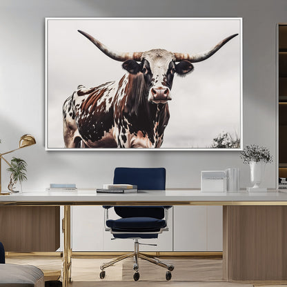 95249234-MGV-CV-36X24-Texas Longhorn Wall Art Canvas Print, Framed Spotted Bull Art Picture Print, Horned Cattle Perfect Rustic Farmhouse Decor Artwork