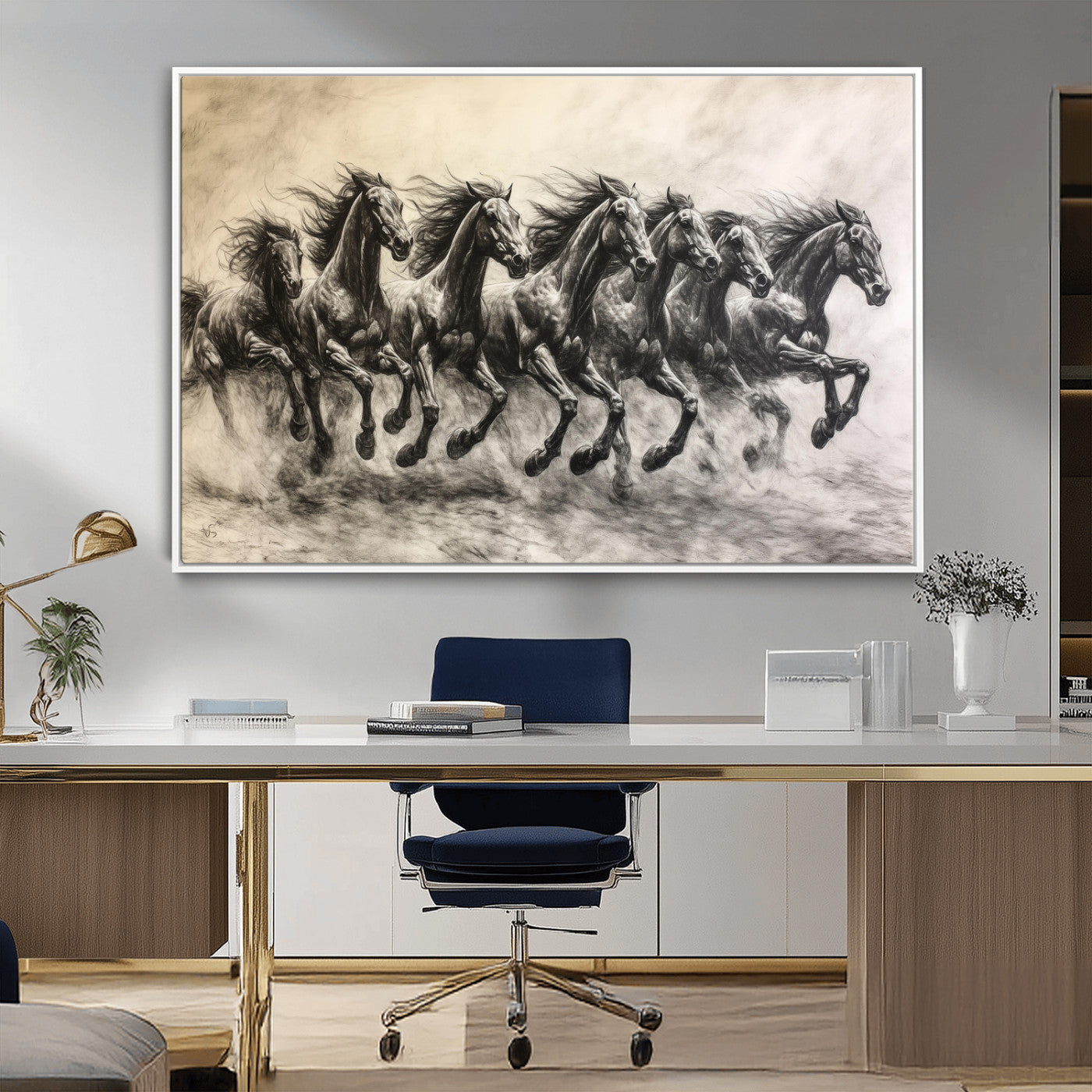 56089591-MGV-FC-36X24_White-Galloping Horses Wall Art Canvas Print, Framed Wild Stallions Art Picture Print, Horse Herd Sketch Perfect Monochrome Dynamic