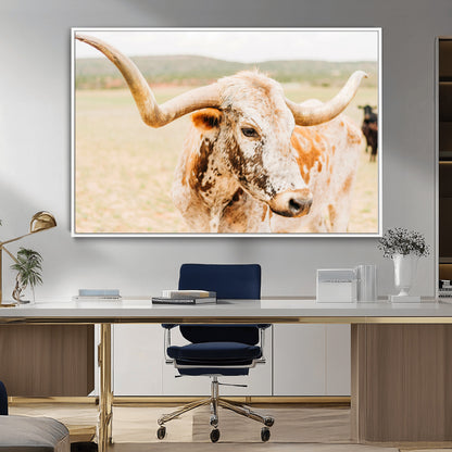 21060648-MGV-FC-36X24_White-Texas Longhorn Wall Art Canvas Print, Framed Speckled Cow Art Picture Print, Rustic Bull Perfect Rustic Western Decor Artwork