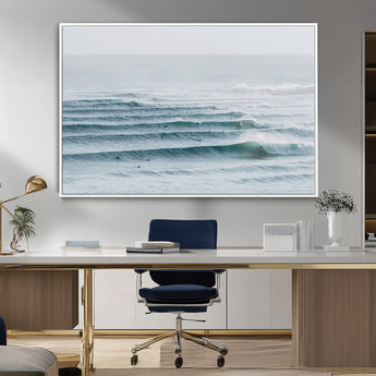 73969318-MGV-CV-36X24-Ocean Waves Wall Art Canvas Print, Framed Surfer Lineup Art Picture Print, Crowded Ocean Perfect Minimal Coastal Decor Artwork