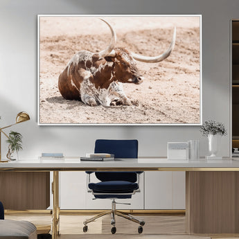 25407592-MGV-CV-36X24-Texas Longhorn Wall Art Canvas Print, Framed Resting Bull Art Picture Print, Spotted Cattle Perfect Rustic Western Decor Artwork