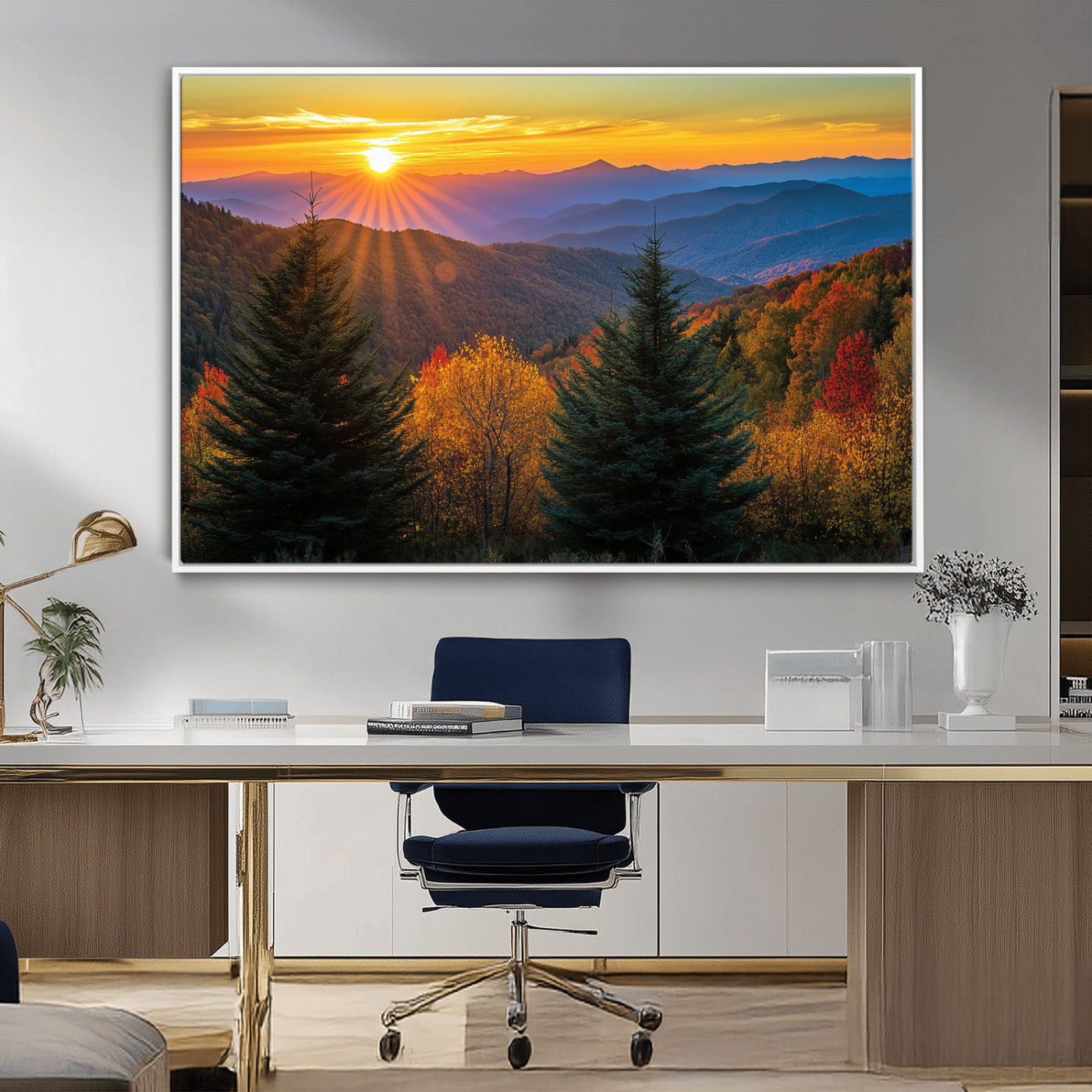 36964931-MGV-FC-36X24_White-Autumn Mountains Wall Art Canvas Print, Framed Sunset Glow Forest Art Picture Print, Golden Trees Perfect Vibrant Nature Decor