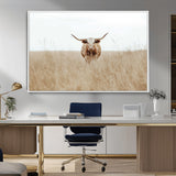 20927060-MGV-FC-36X24_White-Texas Longhorn Wall Art Canvas Print, Framed Lone Cattle Art Picture Print, Longhorn Bull Perfect Rustic Western Decor Artwork